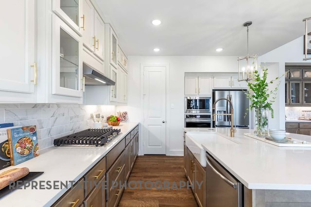 2334 Vargas St, Magnolia, TX 77316 - kitchen featuring appliances with stainless steel finishes, dark wood-type flooring, exhaust hood, light countertops, and recessed lighting