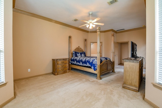 14719 Golden Bough Ln, Humble, TX 77396 - bedroom with carpet flooring, ornamental molding, baseboards, and a ceiling fan