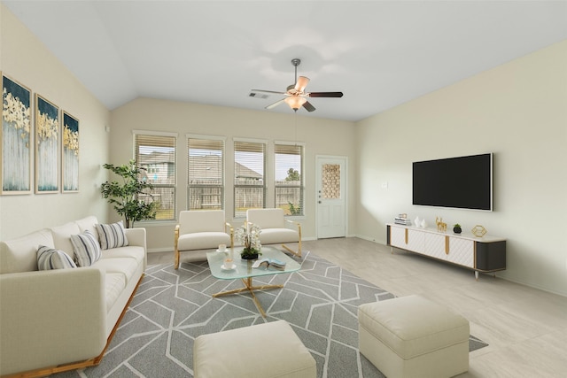 23106 Tindarey Falls Ln, Katy, TX 77493 - living area featuring ceiling fan, baseboards, and vaulted ceiling