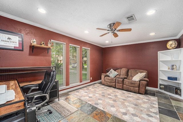 11607 Leaning Pine Dr, Houston, TX 77070 - office featuring ornamental molding, stone tile floors, a ceiling fan, baseboards, and recessed lighting