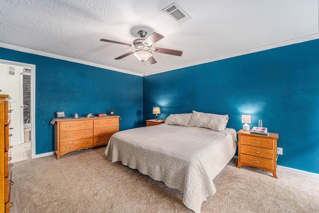 11607 Leaning Pine Dr, Houston, TX 77070 - carpeted bedroom featuring baseboards, crown molding, a ceiling fan, and a textured ceiling