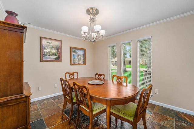 11607 Leaning Pine Dr, Houston, TX 77070 - dining space featuring stone tile floors, ornamental molding, a chandelier, and baseboards