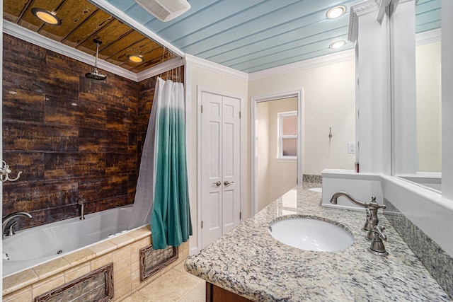 11607 Leaning Pine Dr, Houston, TX 77070 - bathroom featuring wooden ceiling, crown molding, double vanity, a combined bath / shower with rainfall shower, and tile patterned flooring