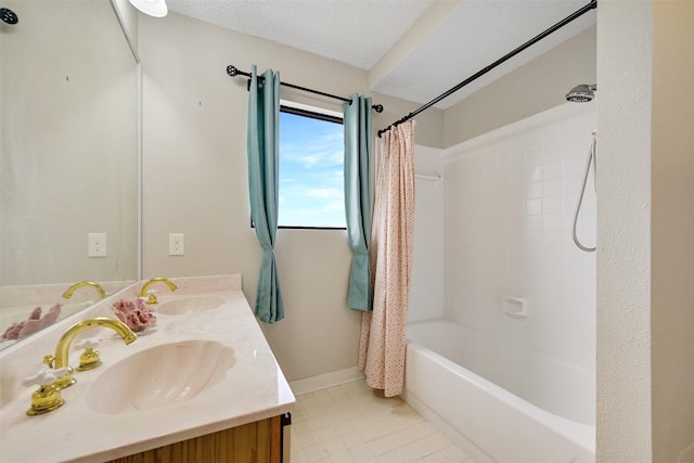 7700 Seawall Blvd Unit 512, Galveston, TX 77551 - bathroom with double vanity, shower / tub combo with curtain, and tile patterned flooring