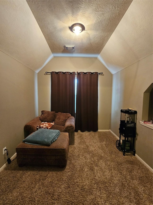 21235 Pennshore Ln, Katy, TX 77450 - bedroom featuring a textured ceiling, vaulted ceiling, carpet, and baseboards
