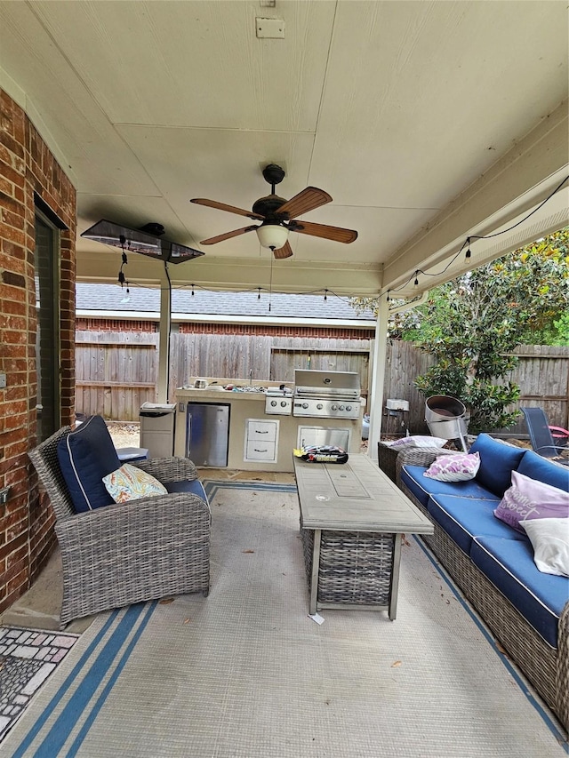 21235 Pennshore Ln, Katy, TX 77450 - fenced backyard with an outdoor living space, a patio, and ceiling fan