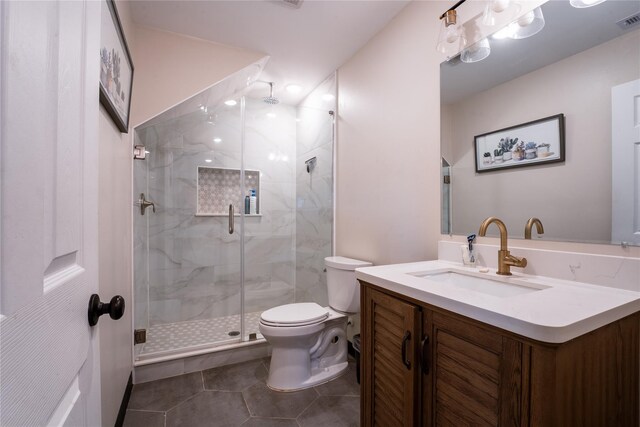 9305 Emnora Ln, Houston, TX 77080 - bathroom with vanity, toilet, a marble finish shower, and tile patterned floors