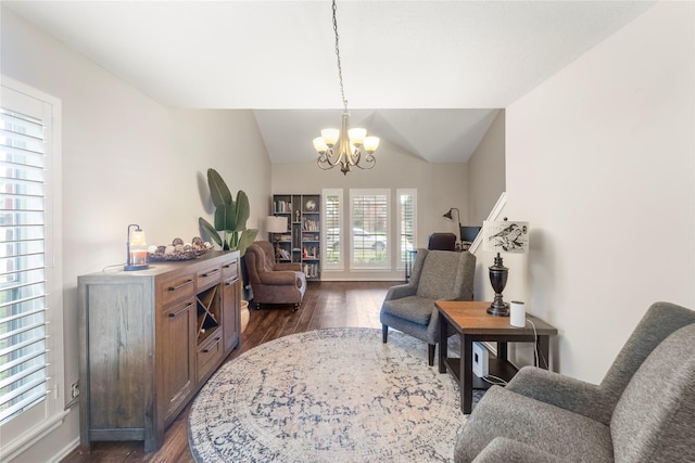 6923 Cobblestone Path, Houston, TX 77084 - living room featuring a chandelier, dark wood-style flooring, and vaulted ceiling