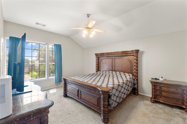 6923 Cobblestone Path, Houston, TX 77084 - bedroom featuring light colored carpet, baseboards, vaulted ceiling, and ceiling fan