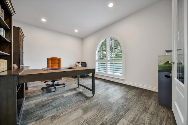 28172 Woodland Bend Way, Spring, TX 77386 - office area featuring recessed lighting, baseboards, and dark wood-style flooring