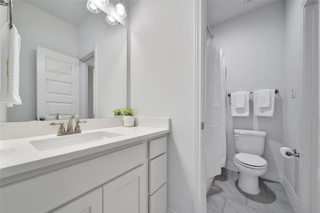 28172 Woodland Bend Way, Spring, TX 77386 - full bathroom featuring toilet, vanity, tile patterned flooring, and a shower with curtain