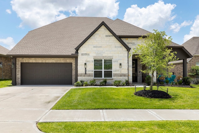 12211 Grey Plover Ct, Conroe, TX 77304 - french country style house with stone siding, an attached garage, a front yard, and concrete driveway