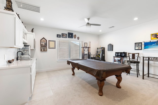12211 Grey Plover Ct, Conroe, TX 77304 - game room with a ceiling fan, billiards, light colored carpet, and recessed lighting