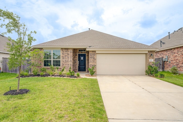 19122 Pegara Manor Dr, New Caney, TX 77357 - ranch-style home with brick siding, an attached garage, driveway, a front yard, and roof with shingles