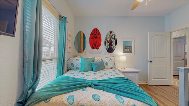 923 Tidelands Dr, Galveston, TX 77650 - bedroom featuring light wood-style floors and ceiling fan