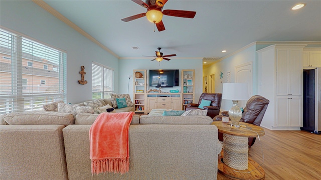 923 Tidelands Dr, Galveston, TX 77650 - living area featuring ornamental molding, a ceiling fan, light wood-style flooring, and recessed lighting
