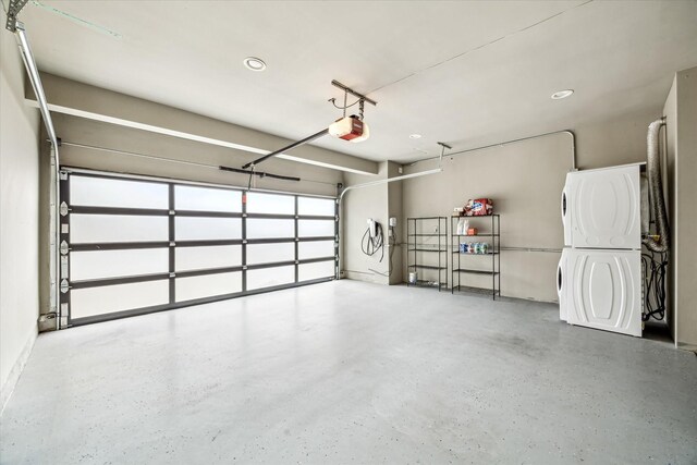 808 Coronado St, Houston, TX 77009 - garage featuring stacked washer and clothes dryer, a garage door opener, and recessed lighting