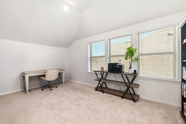 18204 Saffron Sun St, Conroe, TX 77302 - office featuring lofted ceiling, carpet, and baseboards