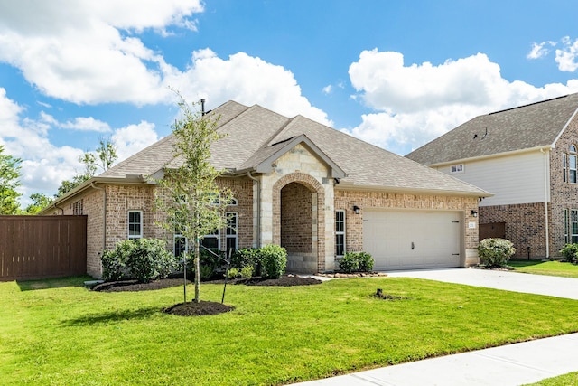 203 Bentwater Ln, Clute, TX 77531 - french country inspired facade with brick siding, a shingled roof, an attached garage, and driveway