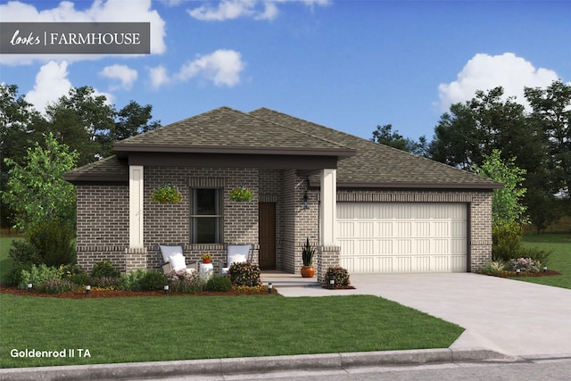 8335 Bay Oaks Dr, Baytown, TX 77523 - view of front of house with brick siding, a garage, concrete driveway, and a front lawn