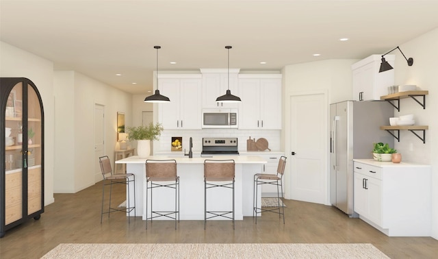8335 Bay Oaks Dr, Baytown, TX 77523 - kitchen featuring white microwave, refrigerator with ice dispenser, range with electric cooktop, open shelves, and light wood finished floors