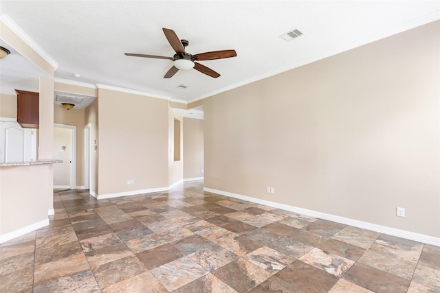 1511 Tournament Ct, Crosby, TX 77532 - empty room featuring stone tile flooring, ceiling fan, baseboards, and crown molding