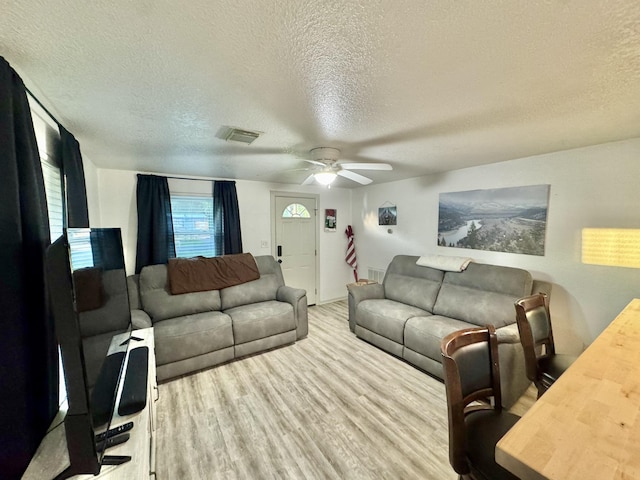 11837 13th St, Santa Fe, TX 77510 - living area featuring a textured ceiling, ceiling fan, and wood finished floors