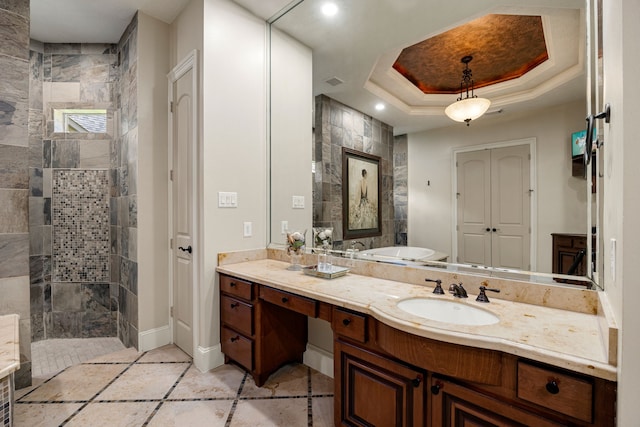 24914 Misty Heath Ln, Katy, TX 77494 - full bathroom with a walk in shower, vanity, tile patterned flooring, baseboards, and recessed lighting
