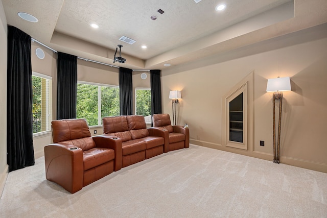 24914 Misty Heath Ln, Katy, TX 77494 - cinema featuring a tray ceiling, carpet, baseboards, recessed lighting, and a textured ceiling