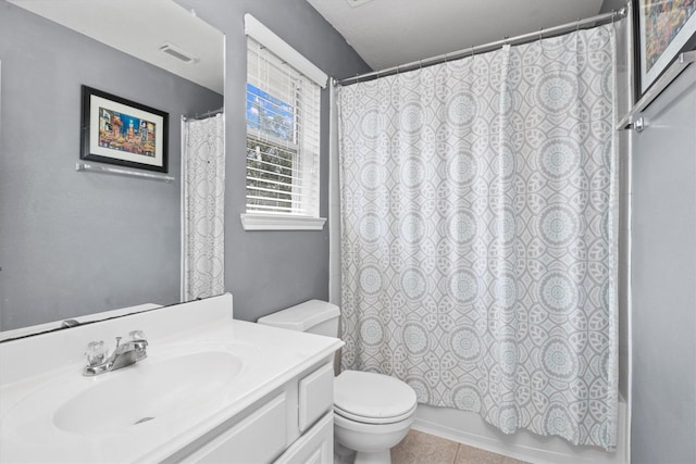 20618 Wagon Bridge Ln, Cypress, TX 77433 - full bath with toilet, vanity, tile patterned floors, and shower / bath combination with curtain