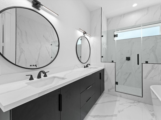 1266-1264 Finnigan St, Houston, TX 77020 - full bathroom with double vanity, a freestanding tub, a marble finish shower, marble finish flooring, and recessed lighting