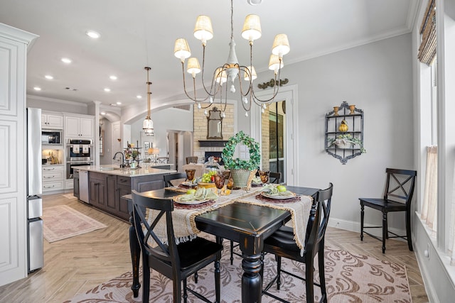 1003 Angel Forest Ct, Pinehurst, TX 77362 - dining space with ornamental molding, a chandelier, recessed lighting, and arched walkways