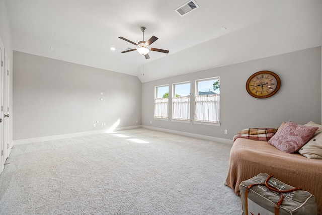 1003 Angel Forest Ct, Pinehurst, TX 77362 - living room featuring a ceiling fan, light colored carpet, and vaulted ceiling
