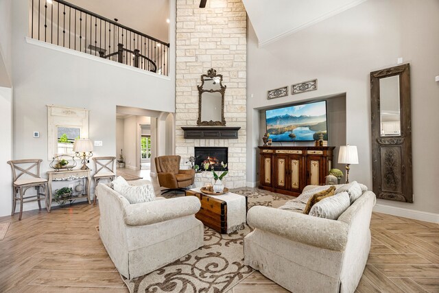 1003 Angel Forest Ct, Pinehurst, TX 77362 - living area with high vaulted ceiling and a fireplace