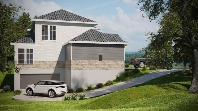 6110 E Bluff Ct, Magnolia, TX 77354 - view of property exterior with stone siding, a garage, and a yard