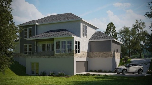 6110 E Bluff Ct, Magnolia, TX 77354 - view of home's exterior featuring stone siding, a yard, a garage, and a shingled roof