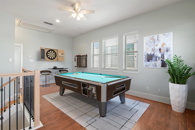 5421 Larkin St, Houston, TX 77007 - playroom featuring attic access, wood finished floors, pool table, and a ceiling fan