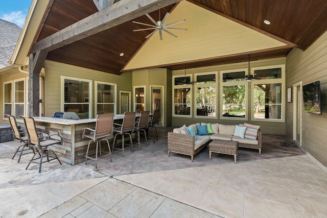 28622 Champions Dr, Magnolia, TX 77355 - view of patio featuring an outdoor bar, a ceiling fan, and an outdoor living space