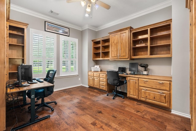 28622 Champions Dr, Magnolia, TX 77355 - office area featuring ceiling fan, dark wood-type flooring, crown molding, and built in study area