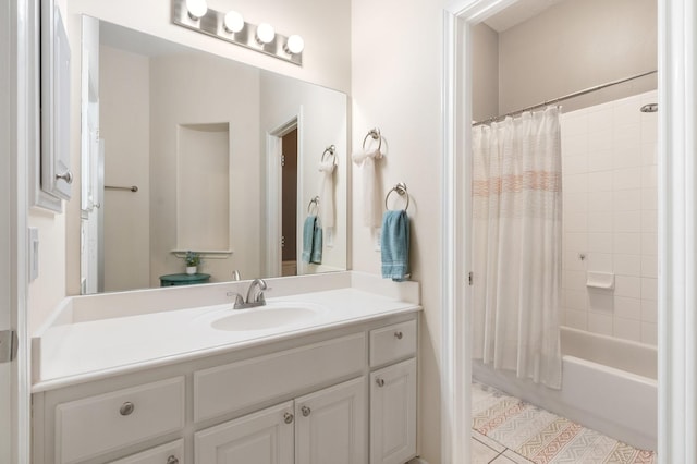 28622 Champions Dr, Magnolia, TX 77355 - bathroom with vanity, tile patterned flooring, and shower / tub combo