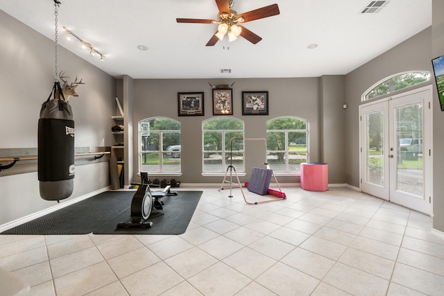 28622 Champions Dr, Magnolia, TX 77355 - workout area with ceiling fan, tile patterned flooring, and french doors