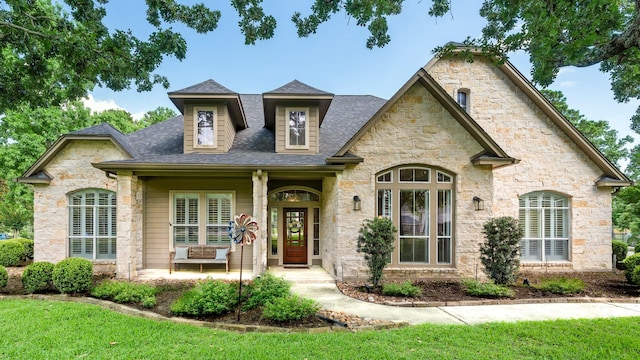 28622 Champions Dr, Magnolia, TX 77355 - view of front of house with stone siding, a porch, roof with shingles, and a front yard