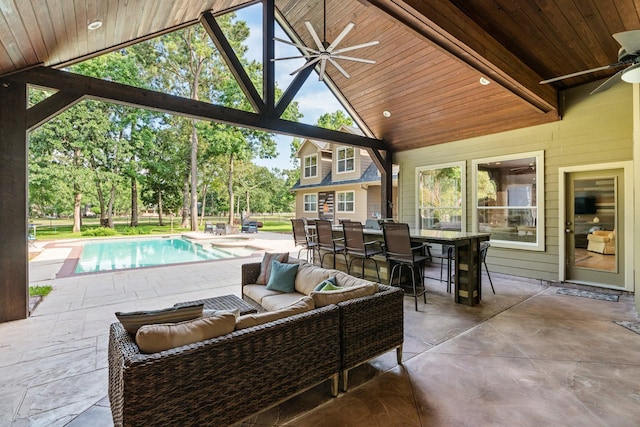 28622 Champions Dr, Magnolia, TX 77355 - view of patio with ceiling fan, outdoor lounge area, an outdoor pool, a gazebo, and outdoor dining area