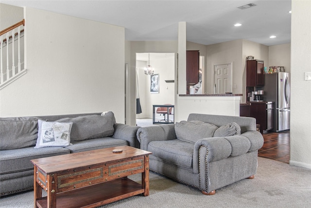 19034 Ashford Square St, Tomball, TX 77375 - living area featuring a chandelier, stairway, recessed lighting, and light colored carpet