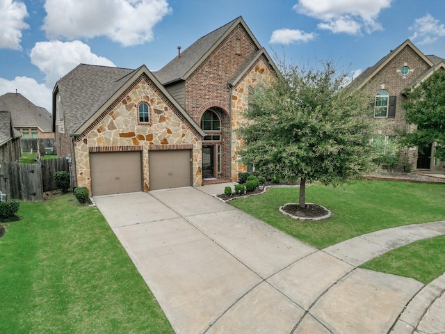 1202 Watercrest Park Ln, Rosenberg, TX 77471 - french country inspired facade with stone siding, concrete driveway, brick siding, a garage, and roof with shingles