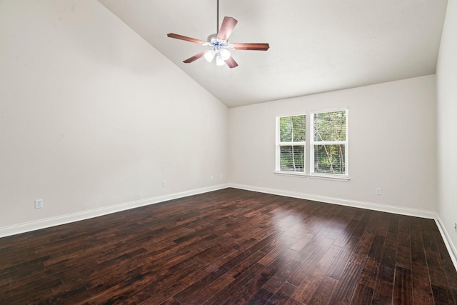 12006 Acorn Oak St, The Woodlands, TX 77380 - empty room featuring lofted ceiling, ceiling fan, dark wood-style flooring, and baseboards