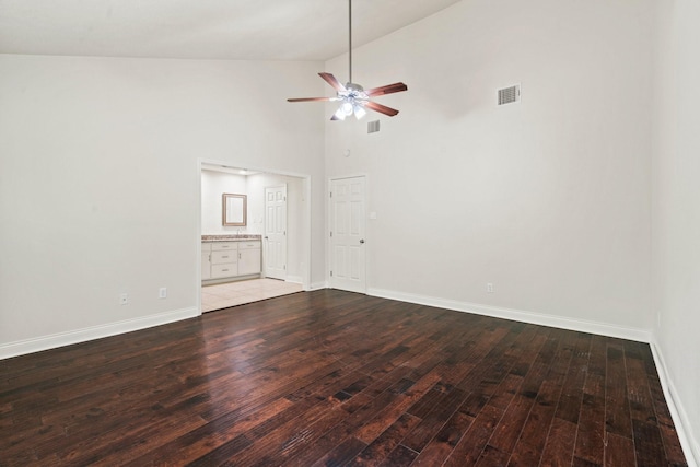 12006 Acorn Oak St, The Woodlands, TX 77380 - empty room featuring hardwood / wood-style flooring, a ceiling fan, baseboards, and high vaulted ceiling