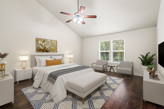 12006 Acorn Oak St, The Woodlands, TX 77380 - bedroom with wood finished floors, high vaulted ceiling, ceiling fan, and baseboards