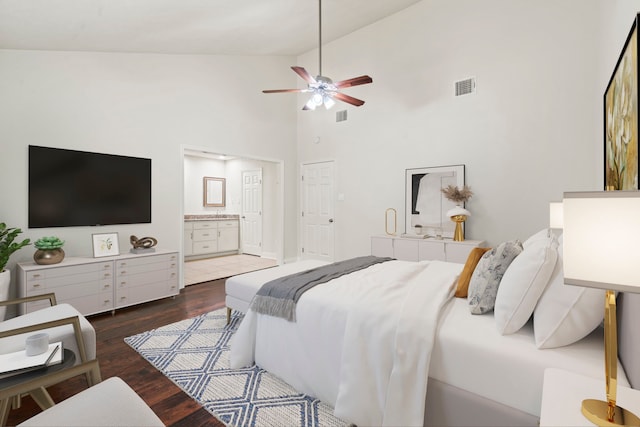 12006 Acorn Oak St, The Woodlands, TX 77380 - bedroom with wood finished floors, high vaulted ceiling, ensuite bathroom, and ceiling fan