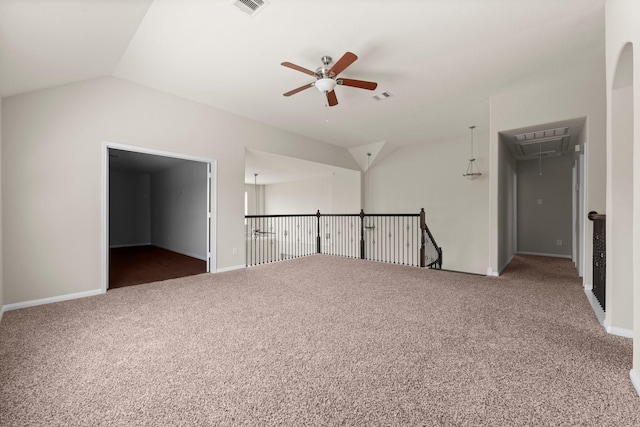 18115 Fernwood Bend Dr, Tomball, TX 77377 - carpeted spare room with attic access, ceiling fan, vaulted ceiling, and baseboards